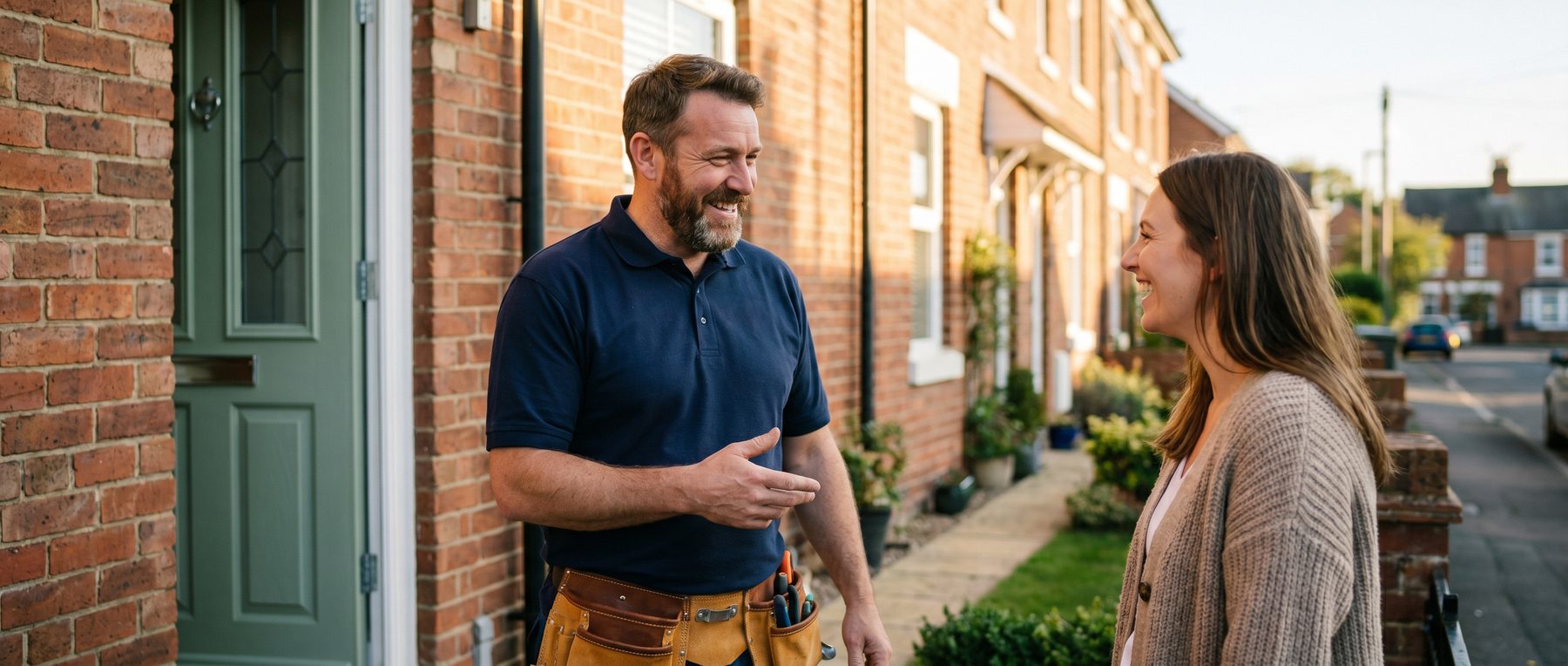 A homeowner meeting a tradesman at the front door of a house